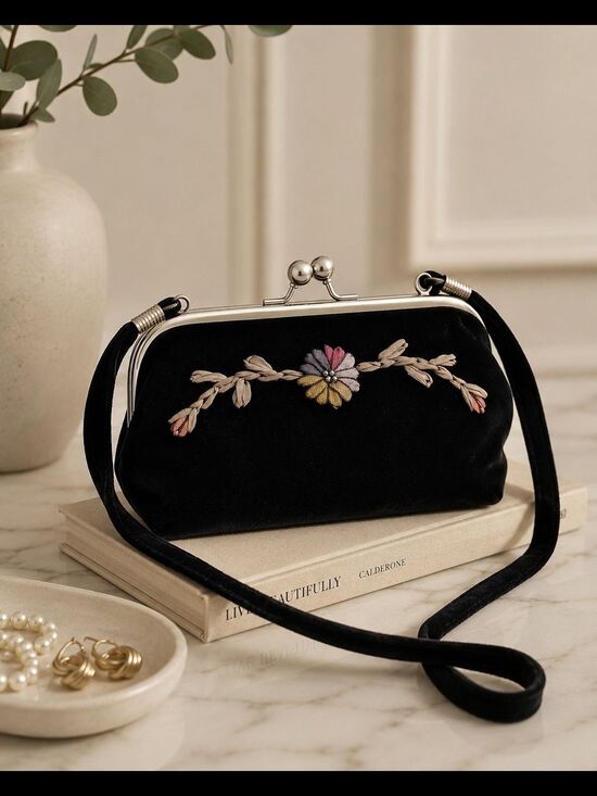 Source Unknown Handbags - Vintage Black Velvet Ribbonwork Floral Evening Bag, Kiss Lock Clutch Shoulder